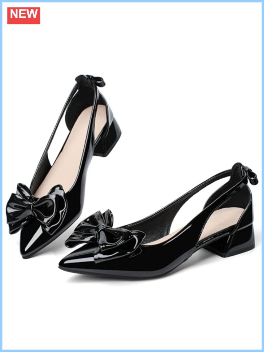 Patent Leather Slingback Block Heel Pumps Women's Square Toe Bow Dress Shoes